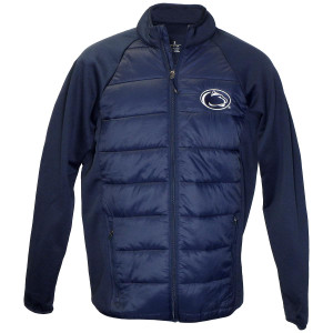 navy nylon quilted front panel mens jacket with Penn State Athletic Logo on left chest